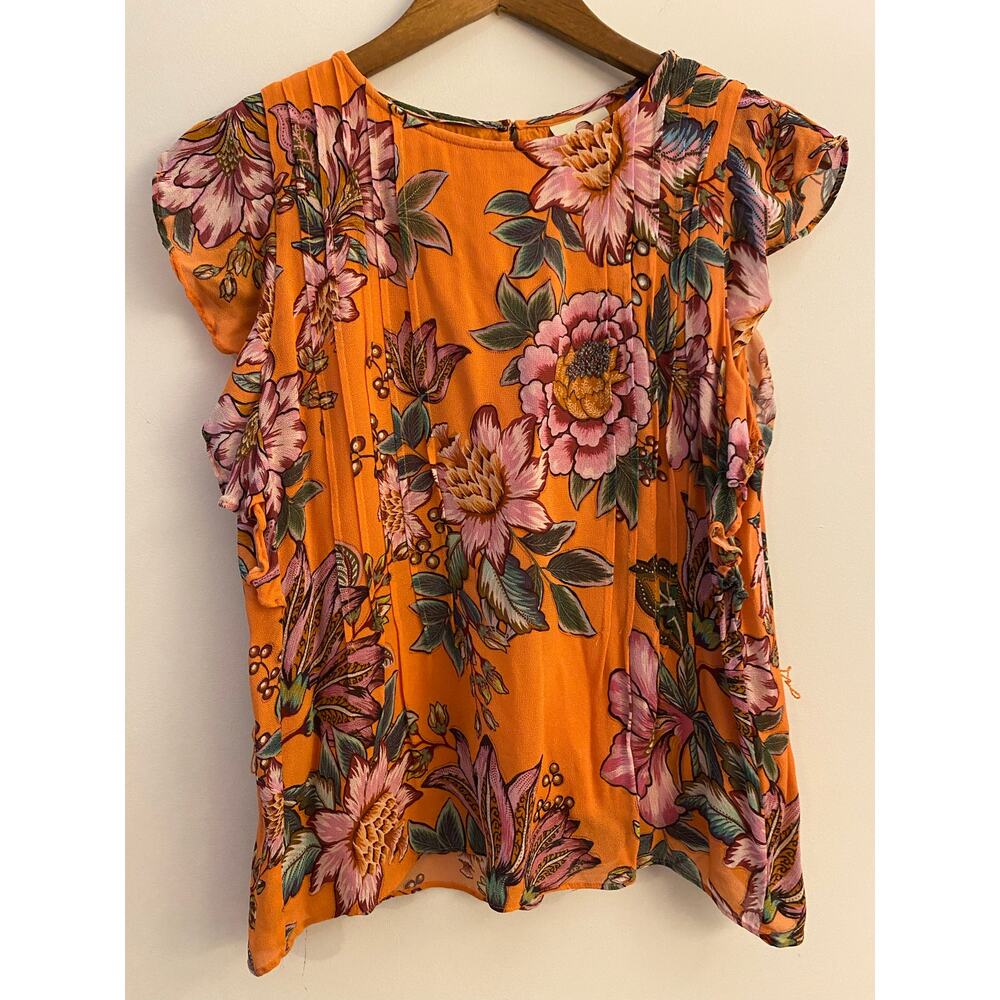 Farm Rio Adonis Pintucked Blouse No Tie Orange Pink Floral Flutter Sleeve GUC S